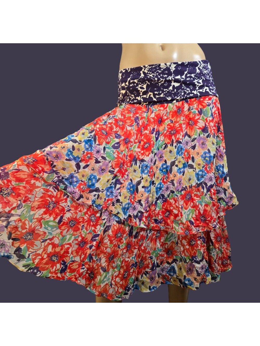 Vintage Shan 100% Silk Floral Midi Skirt Size 14 Foldover Waistband Tiered Fairy